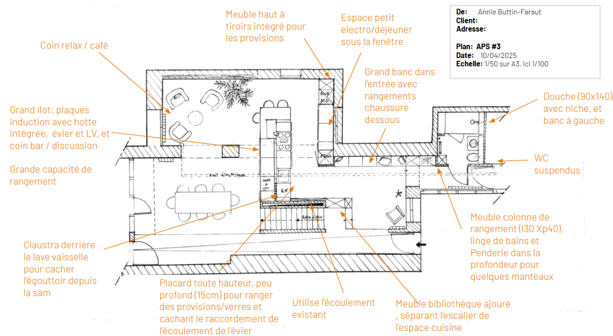 Plan d'aménagement proposé pour la cuisine, l'entrée et le coin salon dans la maison de village rénovée prés de Rolle, Canton de Vaud, Suisse Plan d'aménagement proposé pour la cuisine, l'entrée et le coin salon dans la maison de village rénovée prés de Rolle, Canton de Vaud, Suisse