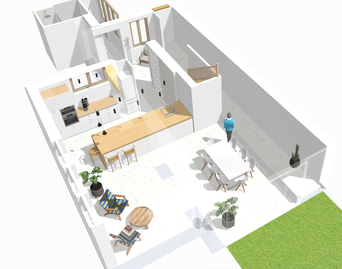 Vue générale 3D de la proposition d'aménagement de la cuisine avec un coin salon Vue générale 3D de la proposition d'aménagement de la cuisine de la maison près de Rolle, avec un coin salon chill