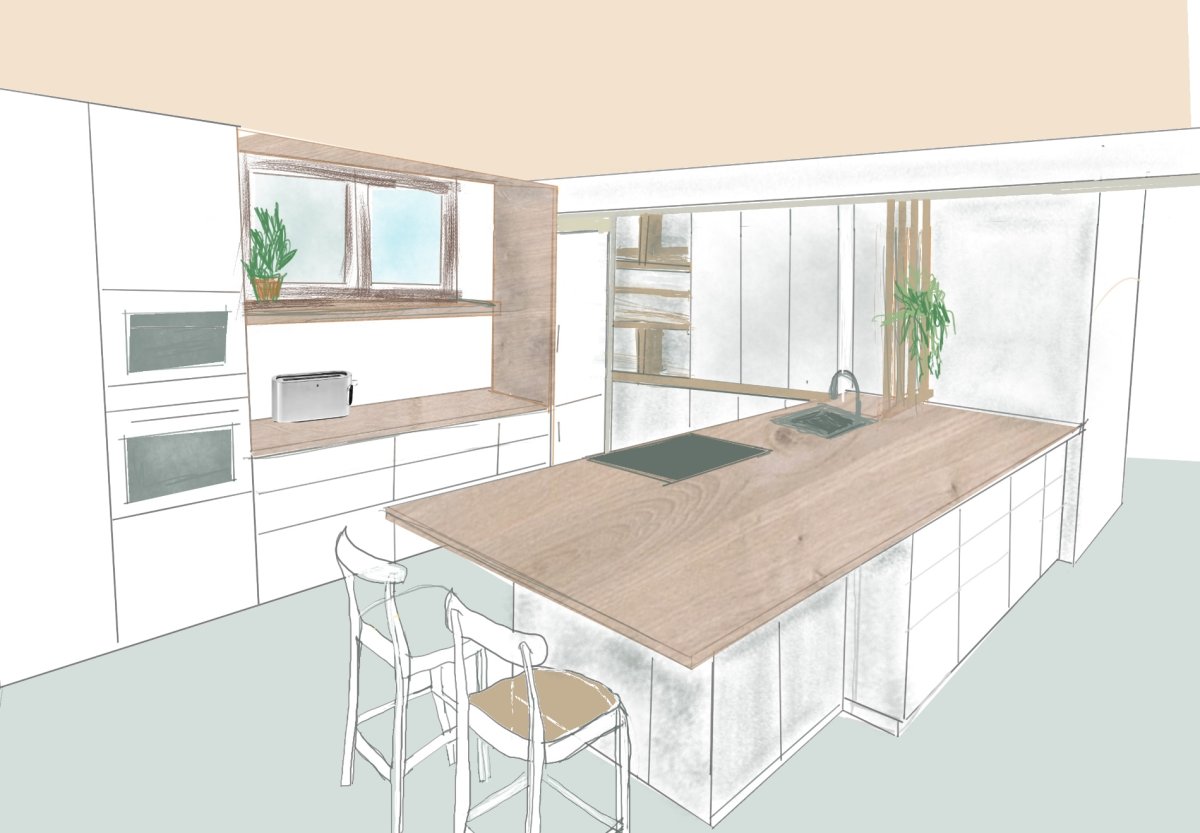 Vue 3D de la proposition d'aménagement de la cuisine. Meubles blancs et plan de travail imitation bois. Vue 3D de la proposition d'Aménagement pour la cuisine. Meubles blanc et plan de travail imitation bois. Coin repas sur lîlot et coin café sous la fenêtre.