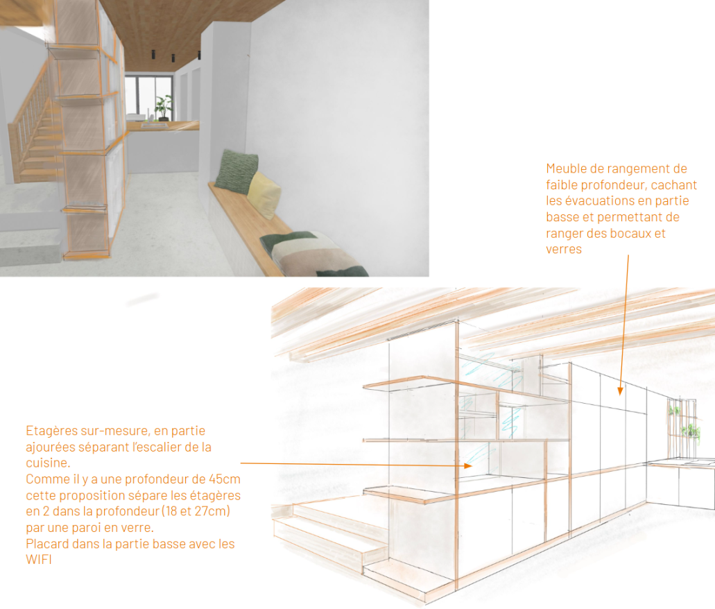 Plan en perspective dessiné à la main d'un agencement sur-mesure